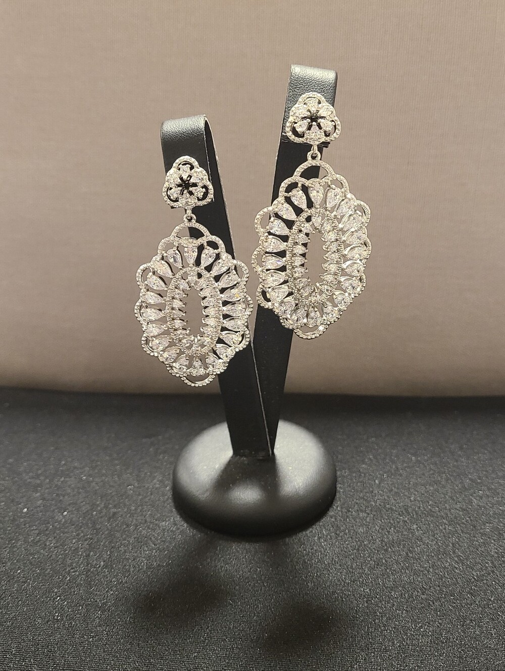 Elegant Silver Filigree Cubic Zirconia Drop Earrings - Sparkling Oval Chandelier